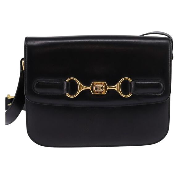 CELINE Horsebit Shoulder Bag Leather Black Gold - Picture 2 of 12